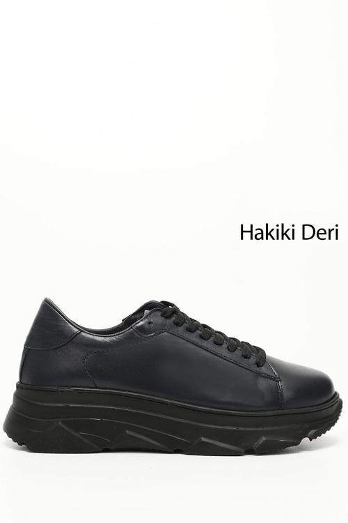 Kadın Lacivert Antik Bağcıklı Dolgu Taban Hakiki Deri Sneaker