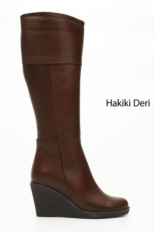 Kadın Kahve Antik Fermuarlı Dolgu Topuklu Hakiki Deri Çizme