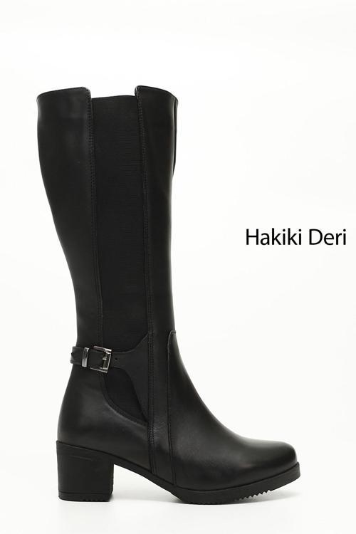 Kadın Siyah Fermuarlı Kalın Topuklu Hakiki Deri Çizme