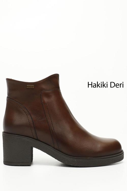 Kadın Kahve Antik Fermuarlı Kalın Topuklu Hakiki Deri Bot