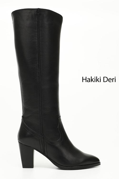 Kadın Siyah Sivri Burun Kalın Topuklu Hakiki Deri Çizme