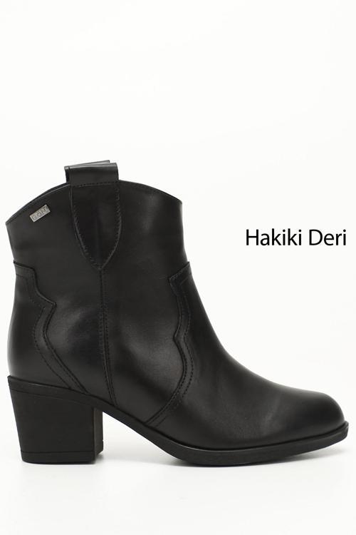 Kadın Siyah Kalın Topuklu Hakiki Deri Kovboy Bot