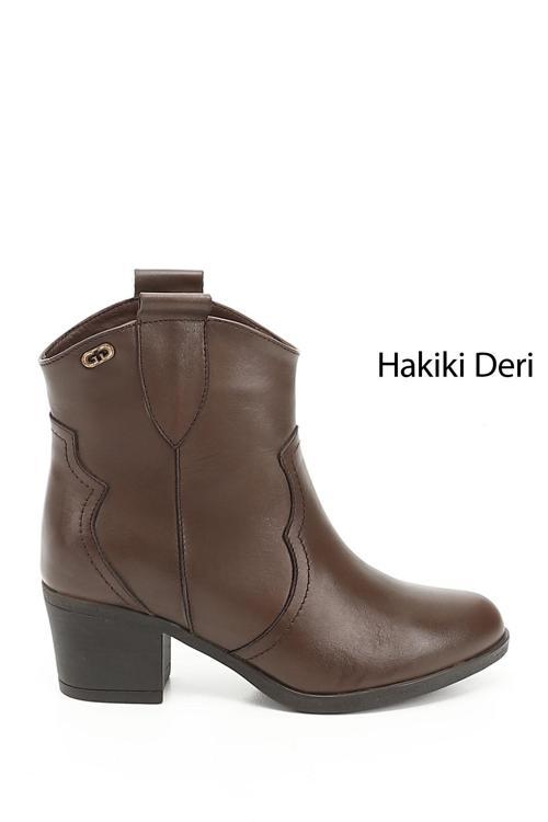 Kadın Kahve Antik Kalın Topuklu Hakiki Deri Kovboy Bot