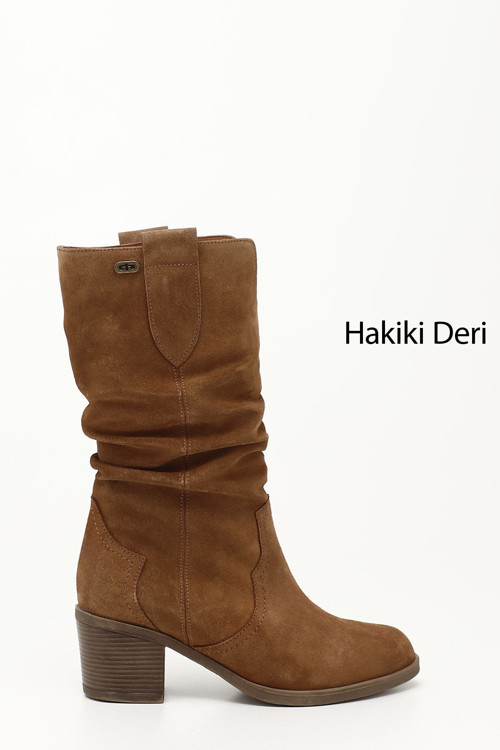 Kadın Taba Süet Kalın Topuklu Körüklü Hakiki Deri Çizme