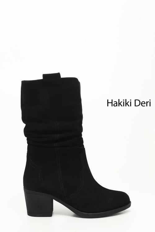 Kadın Siyah Süet Kalın Topuklu Körüklü Hakiki Deri Çizme