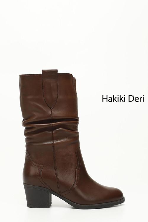 Kadın Kahve Antik Kalın Topuklu Körüklü Hakiki Deri Çizme