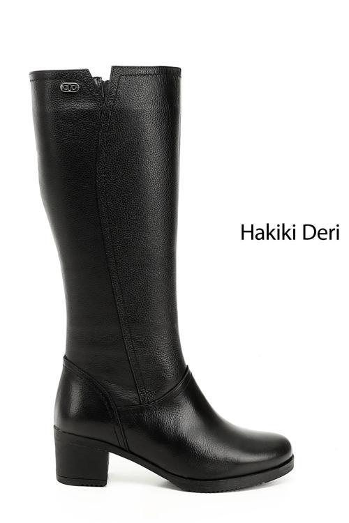 Kadın Siyah Floter Fermuarlı Kalın Topuklu Hakiki Deri Çizme