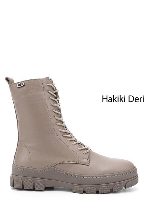 Kadın Bej Fermuarlı Kauçuk Taban Hakiki Deri Postal Bot