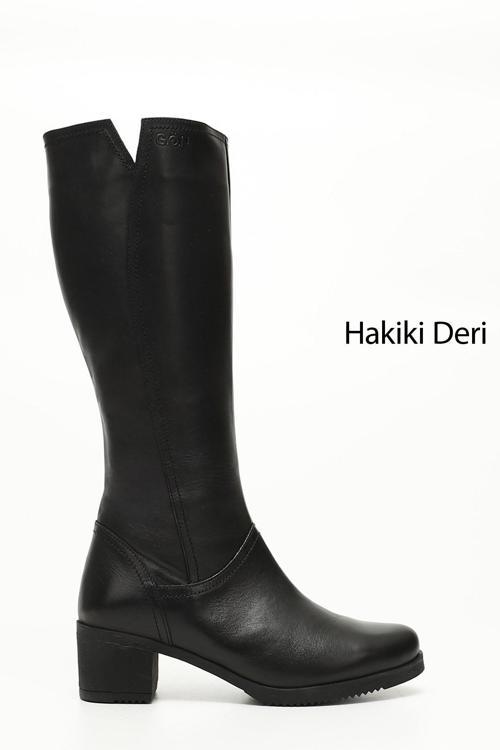 Kadın Siyah Fermuarlı Kalın Topuklu Hakiki Deri Çizme