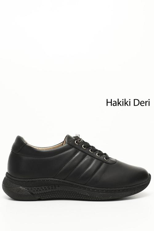 Kadın Siyah Bağcıklı Dolgu Taban Hakiki Deri Sneaker