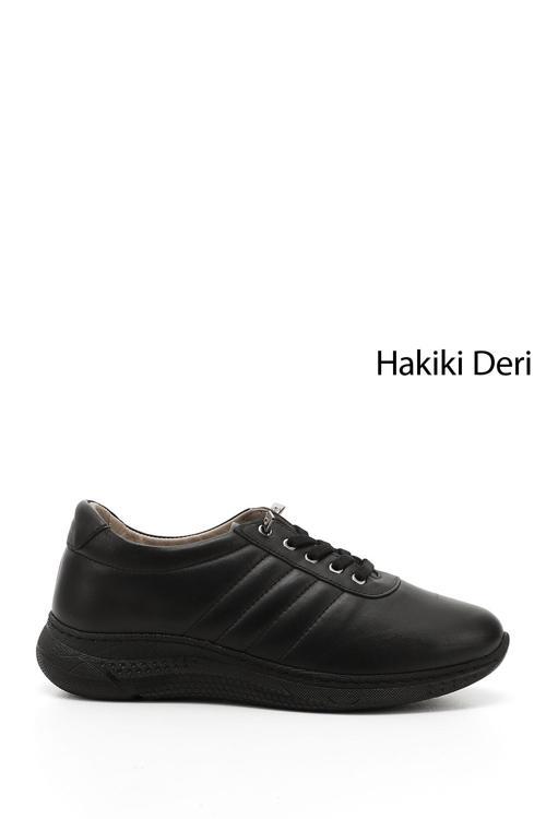 Kadın Siyah Bağcıklı Dolgu Taban Hakiki Deri Sneaker