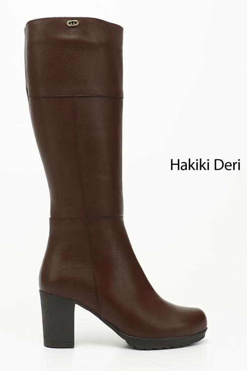 Kadın Kahve Floter Fermuarlı Kalın Topuklu Hakiki Deri Çizme