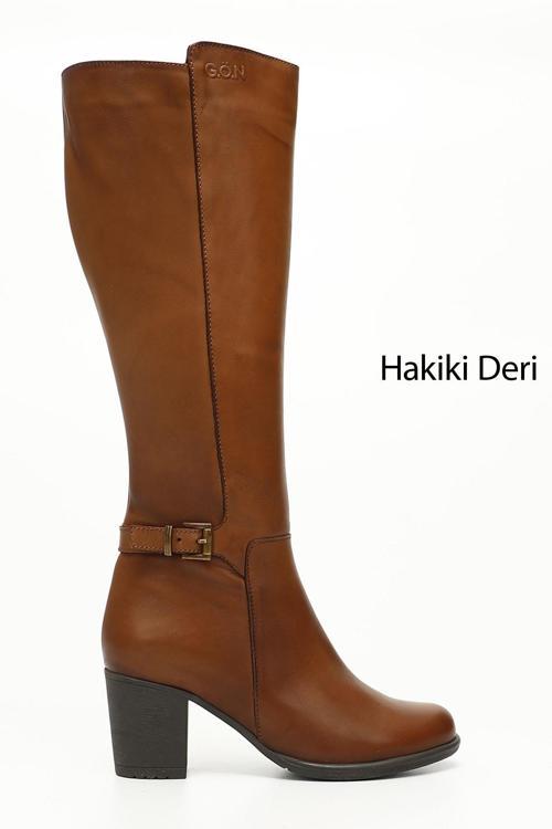 Kadın Taba Antik Fermuarlı Kalın Topuklu Hakiki Deri Çizme