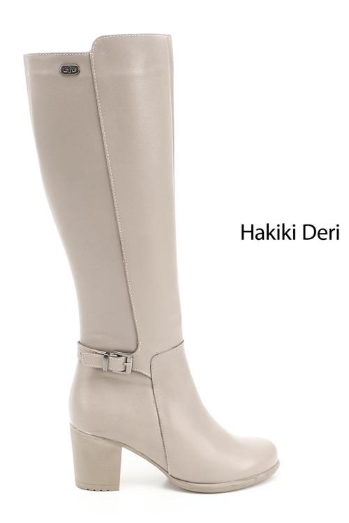 Kadın Bej Fermuarlı Kalın Topuklu Hakiki Deri Çizme