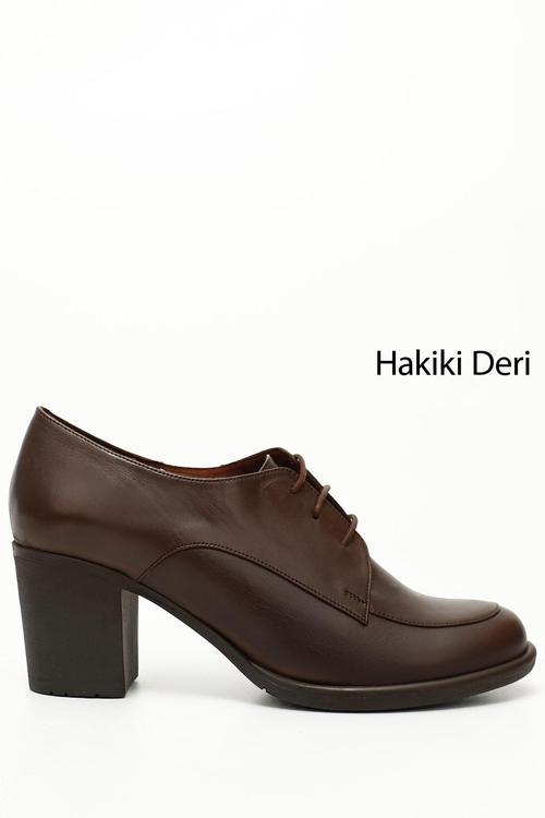 Kadın Kahve Antik Bağcıklı Orta Kalın Topuklu Hakiki Deri Oxford Ayakkabı