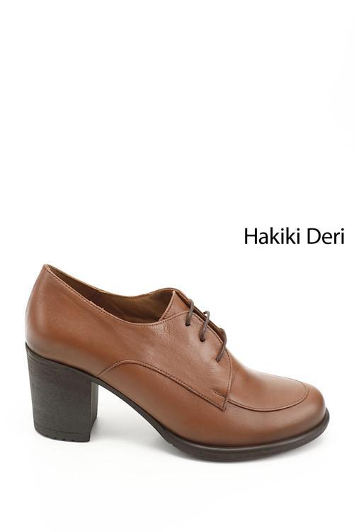 Kadın Taba Antik Bağcıklı Orta Kalın Topuklu Hakiki Deri Oxford Ayakkabı