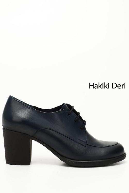 Kadın Lacivert Antik Bağcıklı Orta Kalın Topuklu Hakiki Deri Oxford Ayakkabı