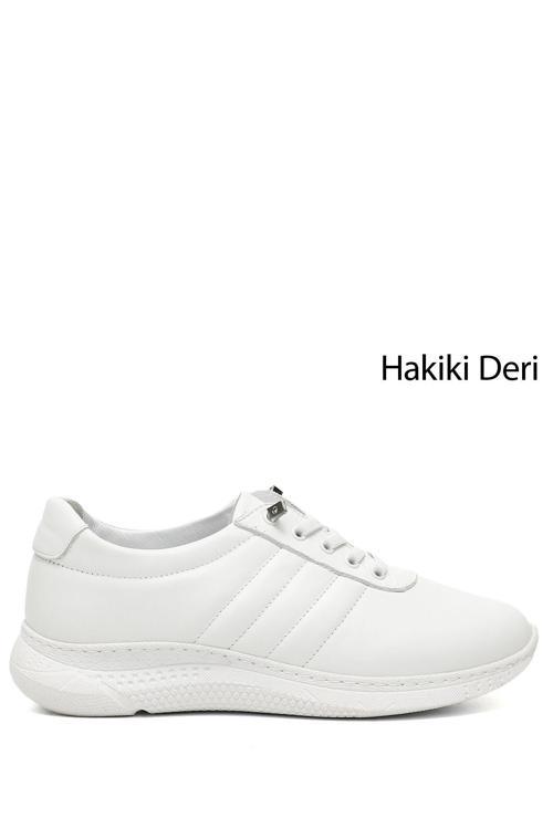 Kadın Beyaz Bağcıklı Dolgu Taban Hakiki Deri Sneaker