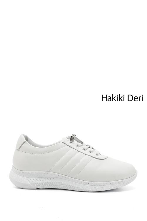 Kadın Beyaz Bağcıklı Dolgu Taban Hakiki Deri Sneaker