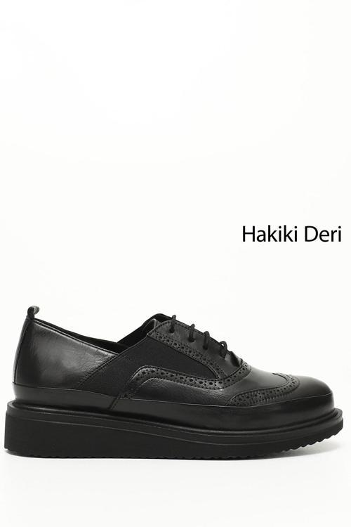 Kadın Siyah Bağcıklı Dolgu Taban Hakiki Deri Ayakkabı