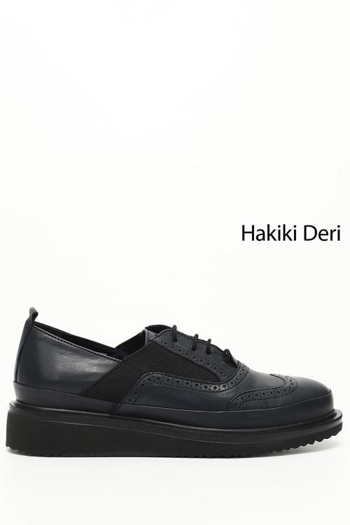 Kadın Lacivert Antik Bağcıklı Dolgu Taban Hakiki Deri Ayakkabı