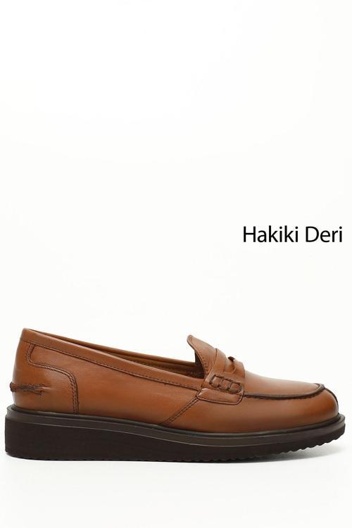 Kadın Taba Antik Dolgu Taban Hakiki Deri Loafer Ayakkabı