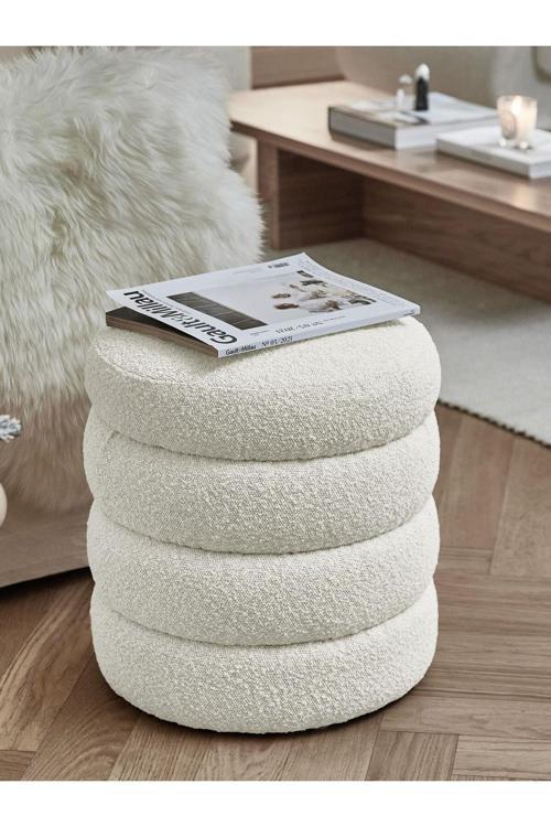 Mode Hocker Puf Kırık Beyaz Bukle Kumaş