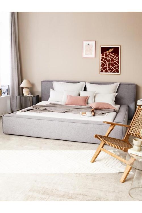 Mode Soft 180x200 Cm. Döşemeli 2 Kişilik Baza Başlık Set Gri Keten (DAİRENİZE TESLİM KURULUM DAHİL)