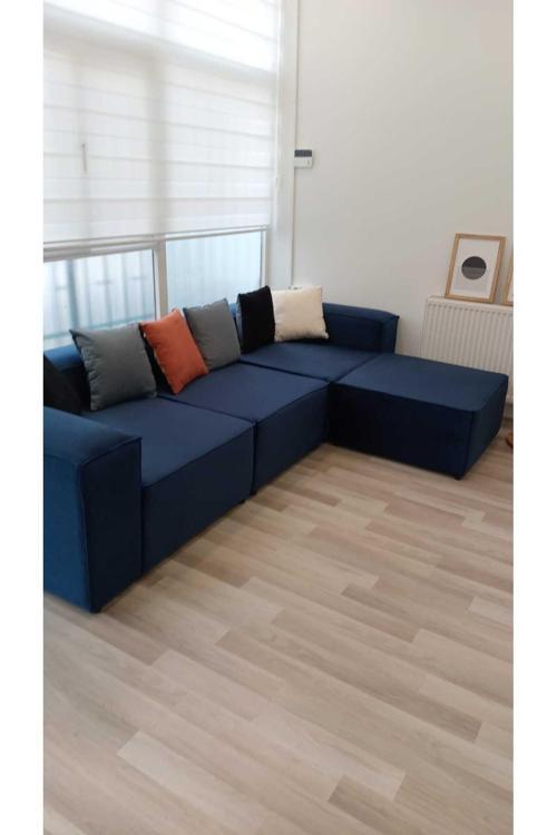 Mode Soft Köşe Koltuk Takımı 4 Modül Lacivert Kadife Kumaş Işbir Sünger Dairenize Teslim