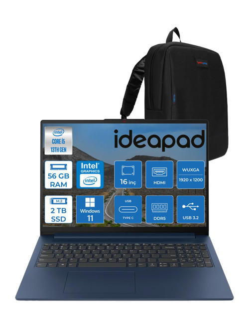 Ideapad Slim 3 16IRH10 Intel Core I5 13420H 56GB 1tb SSD + 1tb SSD Windows 11 Pro 16" Wuxga (1920X1200) IPS 300NITS Taşınabilir Bilgisayar 83K2001RTRP12 + Zetta Çanta