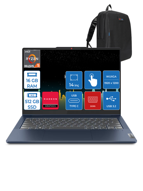 Ideapad 5 Amd Ryzen 5 8645HS 16GB Ddr5 512GB SSD WIN11PRO 14" Wuxga 300NITS IPS Dokunmatik Bilgisayar ID83DR0030TRP02 + Zettaçanta