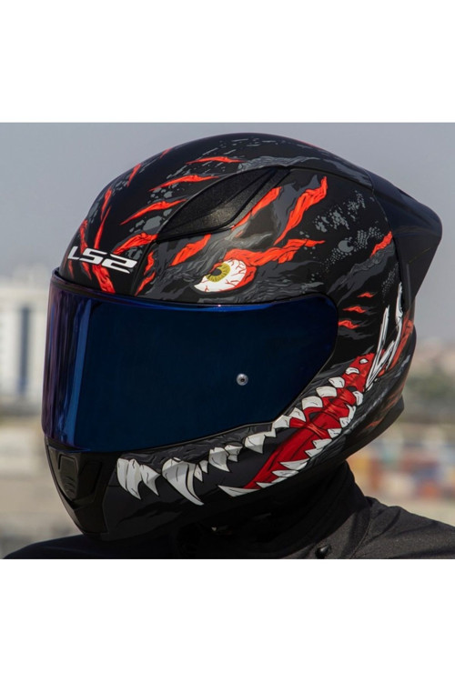 Rapıd 2 Race Kaıju Mat Siyah-Kırmızı Fullface Motosiklet Kaskı Mavi Camlı