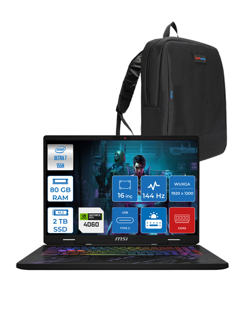 Pulse 16 Aı Intel Core Ultra 7 155H 80GB Ddr5 2tb SSD 8GB/RTX4060/140W 16" IPS Wuxga 144Hz FreeDos Taşınabilir Bilgisayar MS87XTRF25 + Zettaçanta