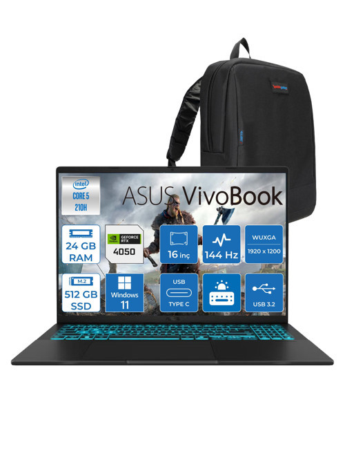 Vivobook 16 V3607VU Intel Core 5 210H 24GB 512GB SSD RTX4050 6gb Windows 11 Home 16" Wuxga 144HZ 300NITS Taşınabilir Bilgisayar RP276H05 + Zetta Çanta