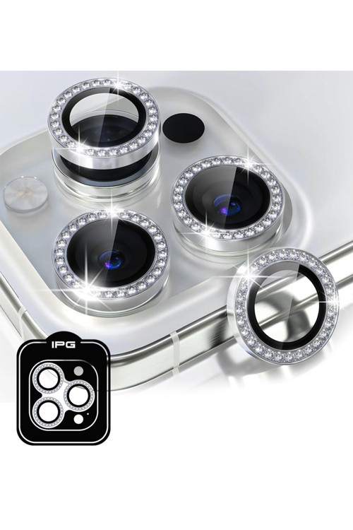 iPhone 14 Pro / Pro Max için IPG ProLENS Kamera Lens Koruyucu Elmas Taşlı Çerçeveli, Kırılmaz Cam - Gümüş