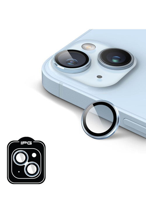 iPhone 15 / 15 Plus için IPG ProLENS Kamera Lens Koruyucu Alüminyum CD Çerçeveli, Kırılmaz Cam - Açık Mavi