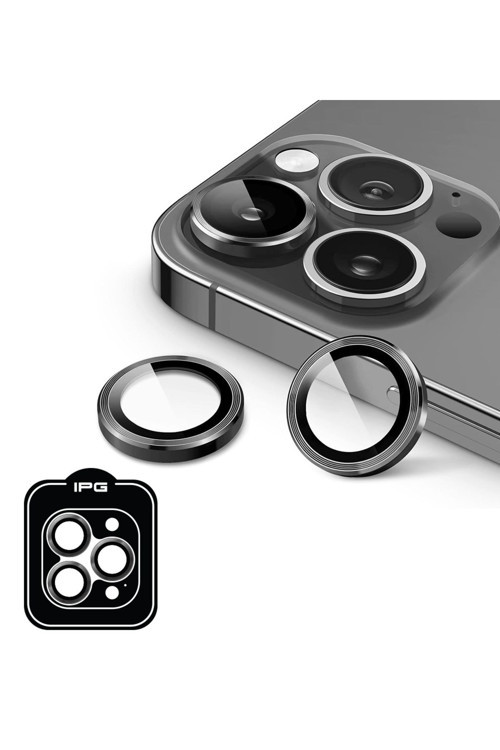 iPhone 15 Pro / Pro Max için IPG ProLENS Kamera Lens Koruyucu Alüminyum CD Çerçeveli, Kırılmaz Cam - Uzay Grisi