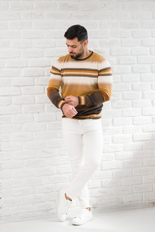 Bisiklet Yaka Çizgili Slimfit Yünlü Triko Kazak