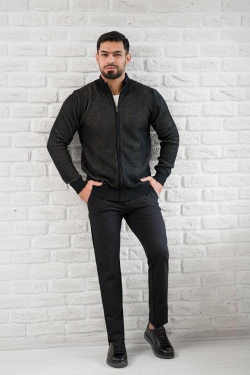 Dik Yaka Çizgili Fermuarlı Regular Fit Yünlü Triko Hırka