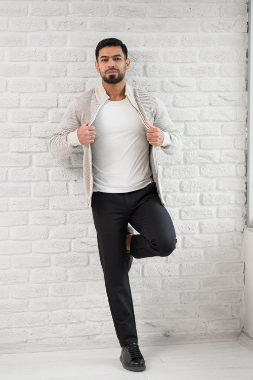 Dik Yaka Çizgili Fermuarlı Regular Fit Yünlü Triko Hırka