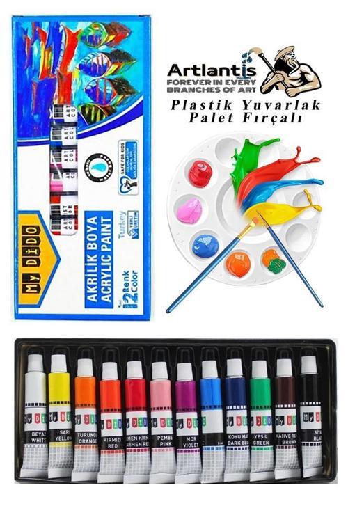 Akrilik Boya Mydido 12 Renk 9 ml Tüp 1 Paket 12 Li Akrilik Boya Seti ve Yuvarlak Resim Paleti Fırçalı 1 Paket 10 Hazneli