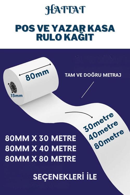 16 Adet Rulo 80mmx80m POS ve Yazar Kasa Termal Rulo Yüksek Kaliteli Dayanıklı Tam Metraj Net Baskı