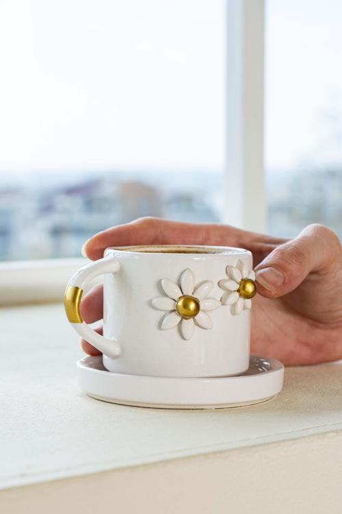 Gold Papatya Amore El Yapımı Seramik Double Kahve Fincanı Mug Kupa