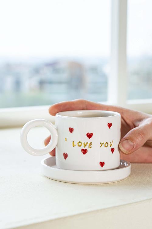 I Love You Amore El Yapımı Seramik Double Kahve Fincanı Mug Kupa