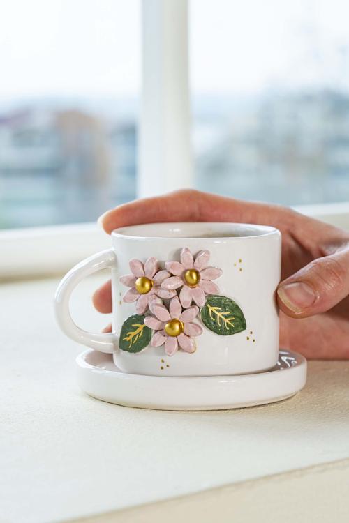 Pembe Çiçekli Amore El Yapımı Seramik Double Kahve Fincanı Mug Kupa