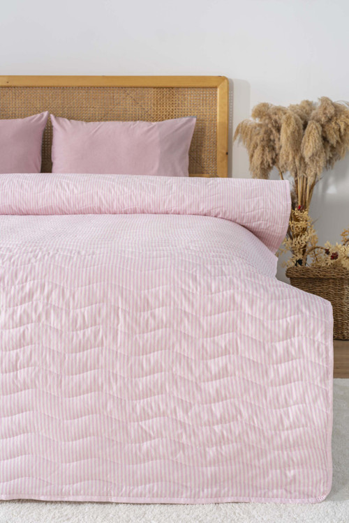 Pembe Çizgili Çift Kişilik Pamuklu Kapitone Pike & Yatak Örtüsü