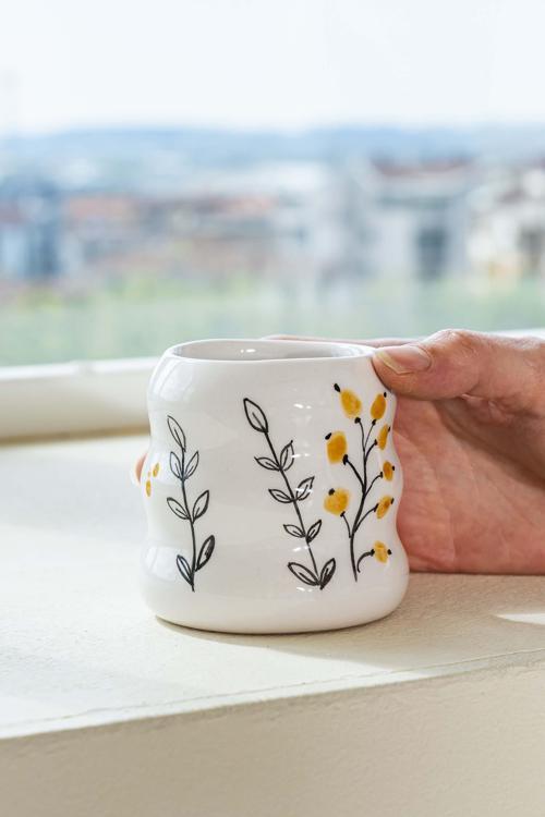 Sarı Çiçekler Amore El Yapımı Seramik Double Kahve Bardağı Mug Kupa