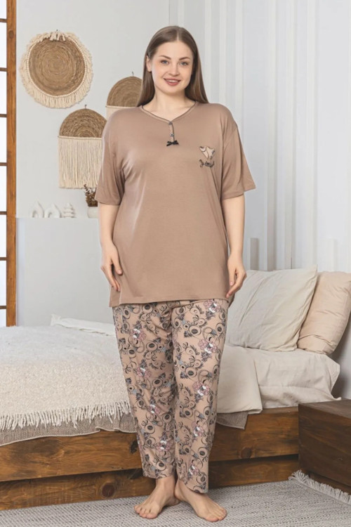 X-Dreamy Büyük Beden Viskon Desenli Kısa Kollu Pijama Takımı