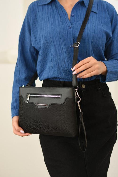 Kadın Suni Deri Ayarlanabilir Çapraz Askılı Ve El Askılı Siyah Mozaik Desenli Portföy, Clutch Çanta