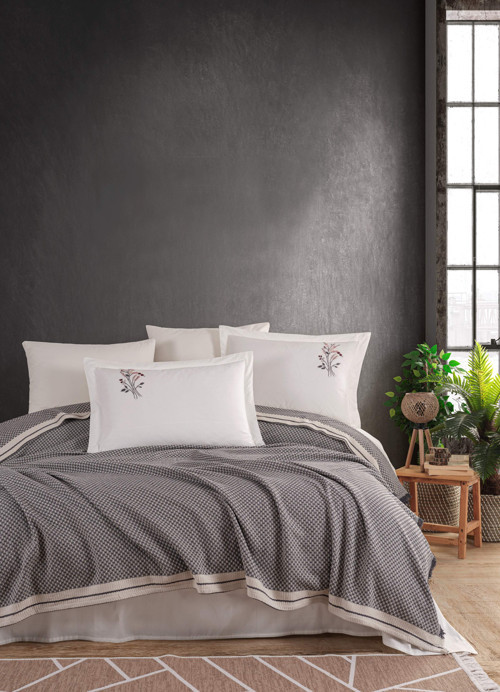 Newhome Damalı El Nakışlı %100 Pamuk Pike Takımı Antrasit